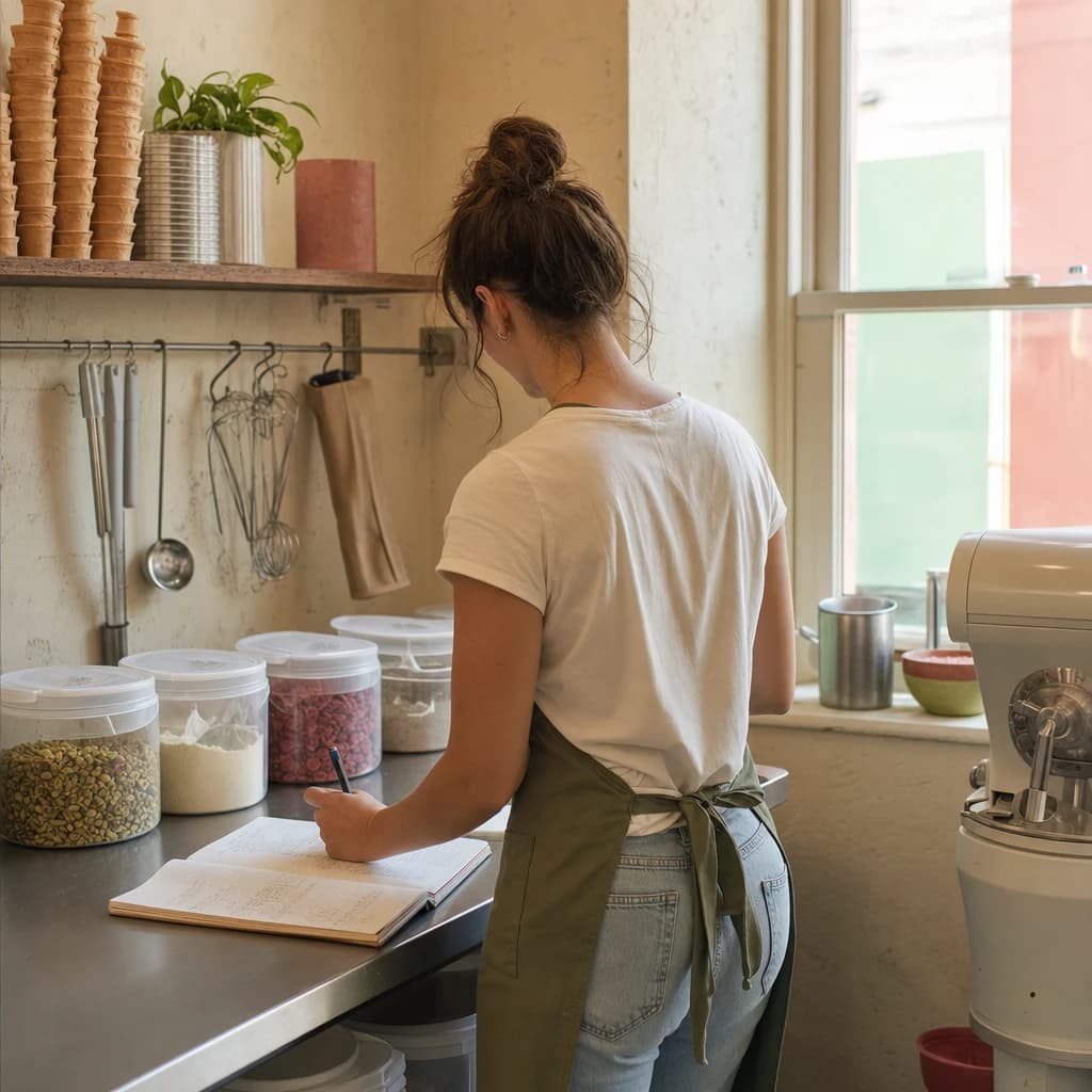 An ice cream shop owner checking ingredients before a busy day